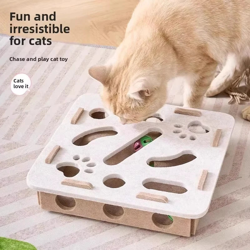 Cat Puzzle Box Toy with Felt Ball Tracks & Holes