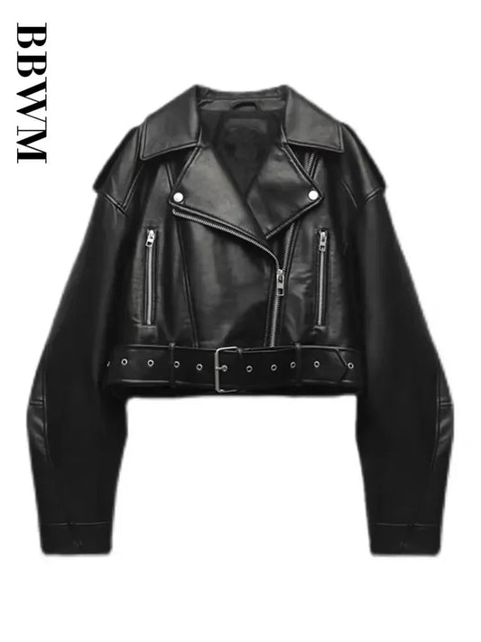 Women's Oversized Faux Leather Moto Jacket with Belt