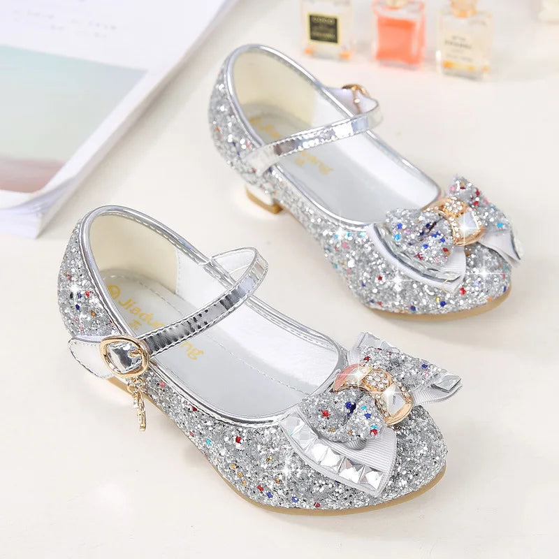 Girls Glitter Dress Shoes with Bow – Kids Low Heel Party Sandals