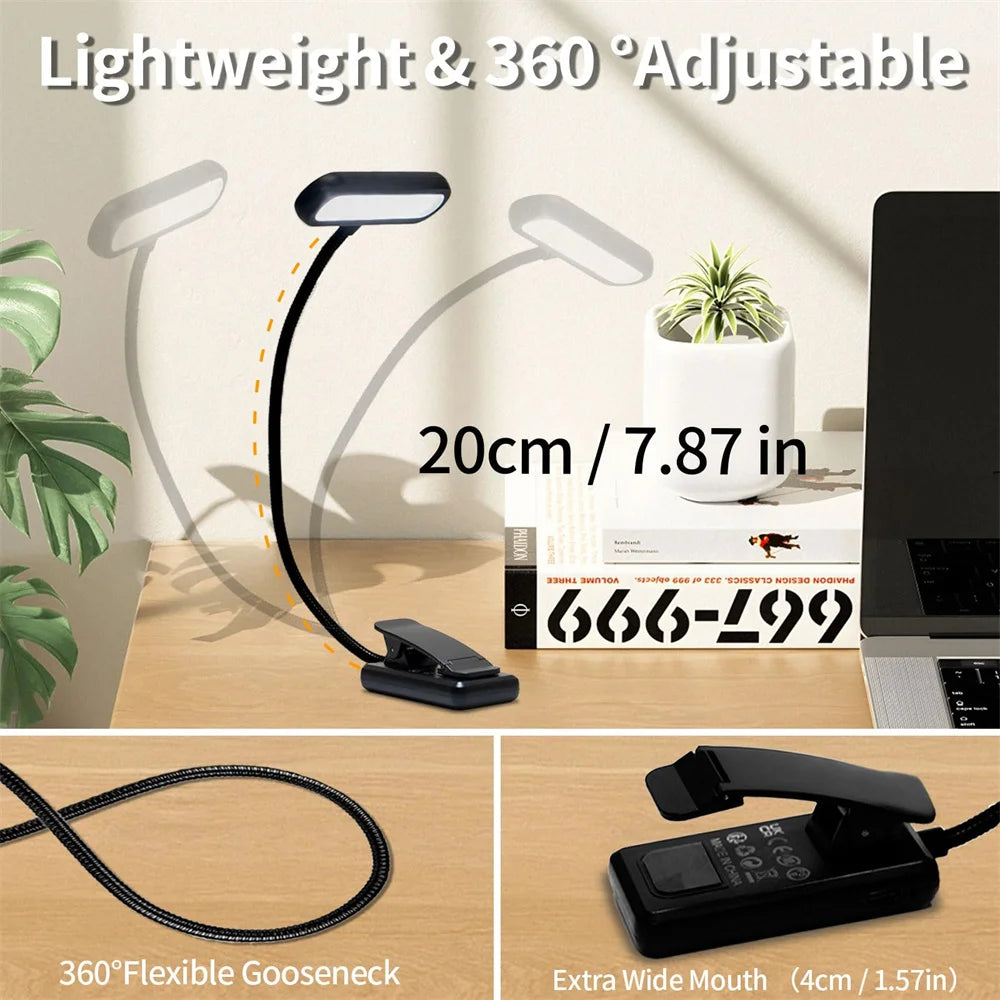 LED Book Clamp Reading Light – USB Rechargeable, 3 Color Temperatures