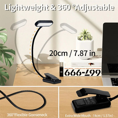 LED Book Clamp Reading Light – USB Rechargeable, 3 Color Temperatures