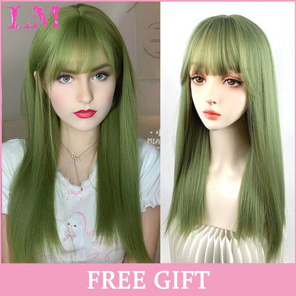 Cosplay Synthetic Wig with Bangs – Long Straight 24 Inch, Heat Resistant