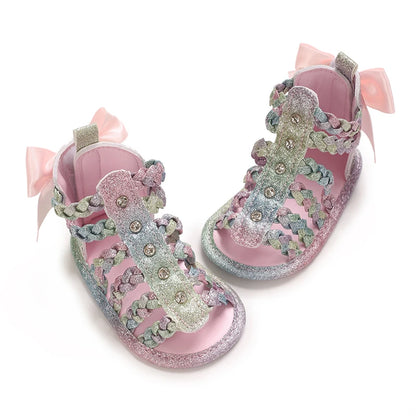 Baby Girl Roman Woven Sandals – Rivet Bow Open Toe 0–18 Months