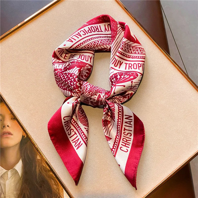 Silk-Feel Square Scarf – Luxury Letter Print Satin Kerchief for Women