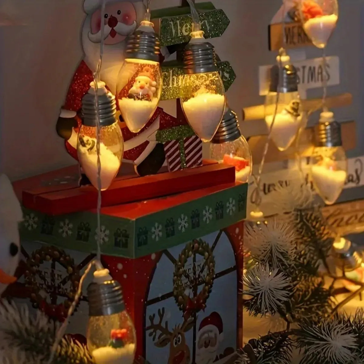 Christmas Snowball LED String Lights with Santa & Snowman Figurines