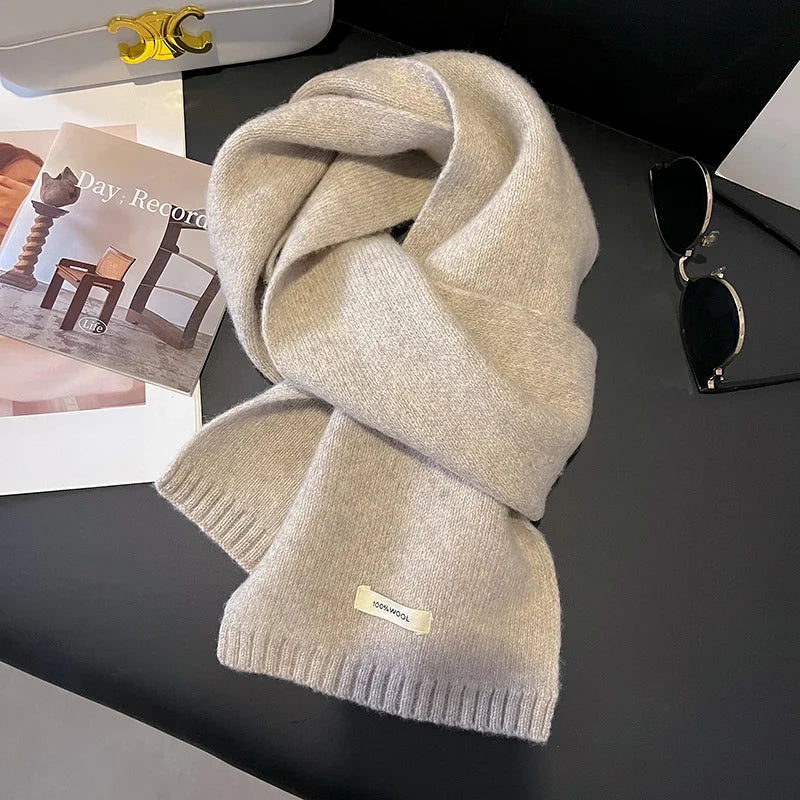 100% Wool Knitted Scarf – Women's Thick Solid Color Winter Shawl