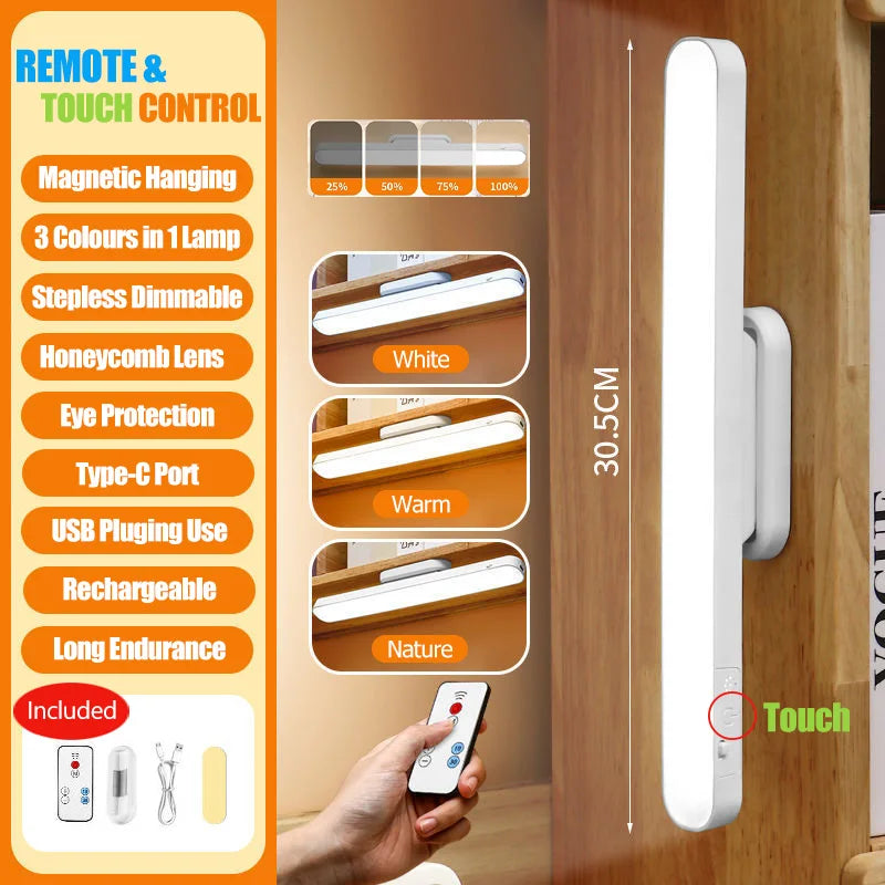 Magnetic LED Cabinet Light – USB Rechargeable, 3 Color Modes, Remote & Touch Control