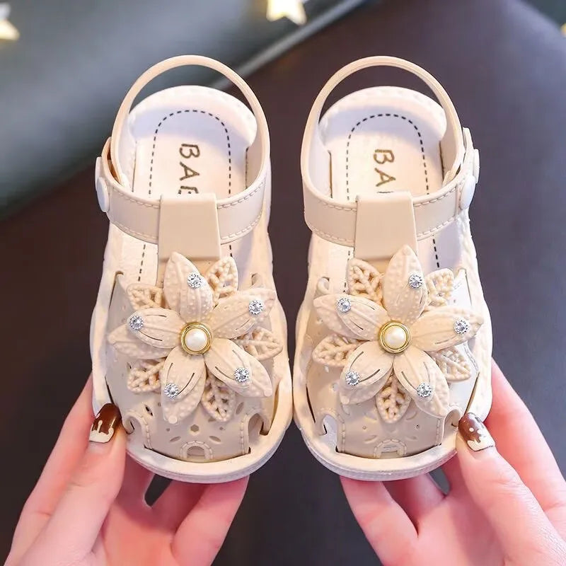 Girls Flower Rhinestone Sandals – Soft Sole Closed Toe