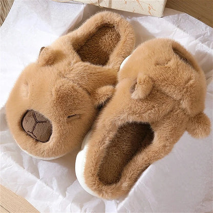 Capybara Cotton Slippers – Warm Fur Indoor Slides for Men & Women