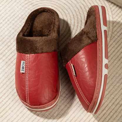 Winter Fur-Lined PU Leather Slippers – Unisex Plus Size
