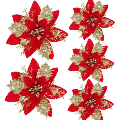 Glitter Artificial Christmas Poinsettia Flowers – Set of 5