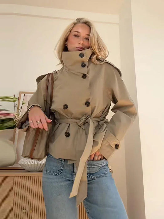 Women's Cropped Trench Coat – Belted Double-Breasted Stand Collar Jacket