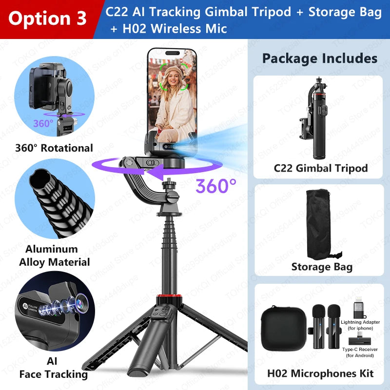 C22 AI Face Tracking Gimbal Stabilizer – 360° Selfie Stick Tripod
