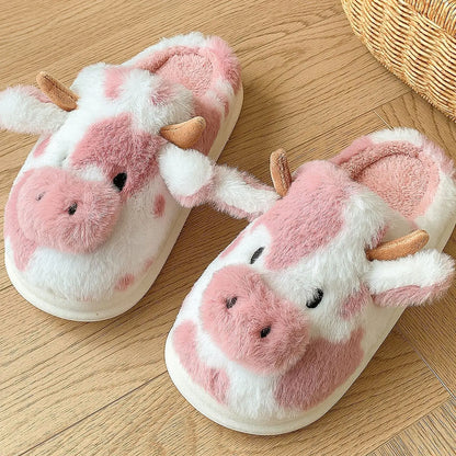 Cute Cow Fluffy Slippers for Women – Cozy Plush House Shoes