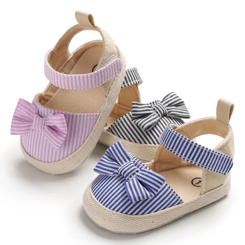 Baby Girl Bow Canvas Sandals – Soft Sole Striped Flats