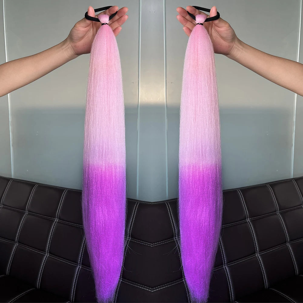 Synthetic Ponytail Hair Extension 2pcs – Long Straight, Colorful, Braiding Hairpiece with Rubber Band