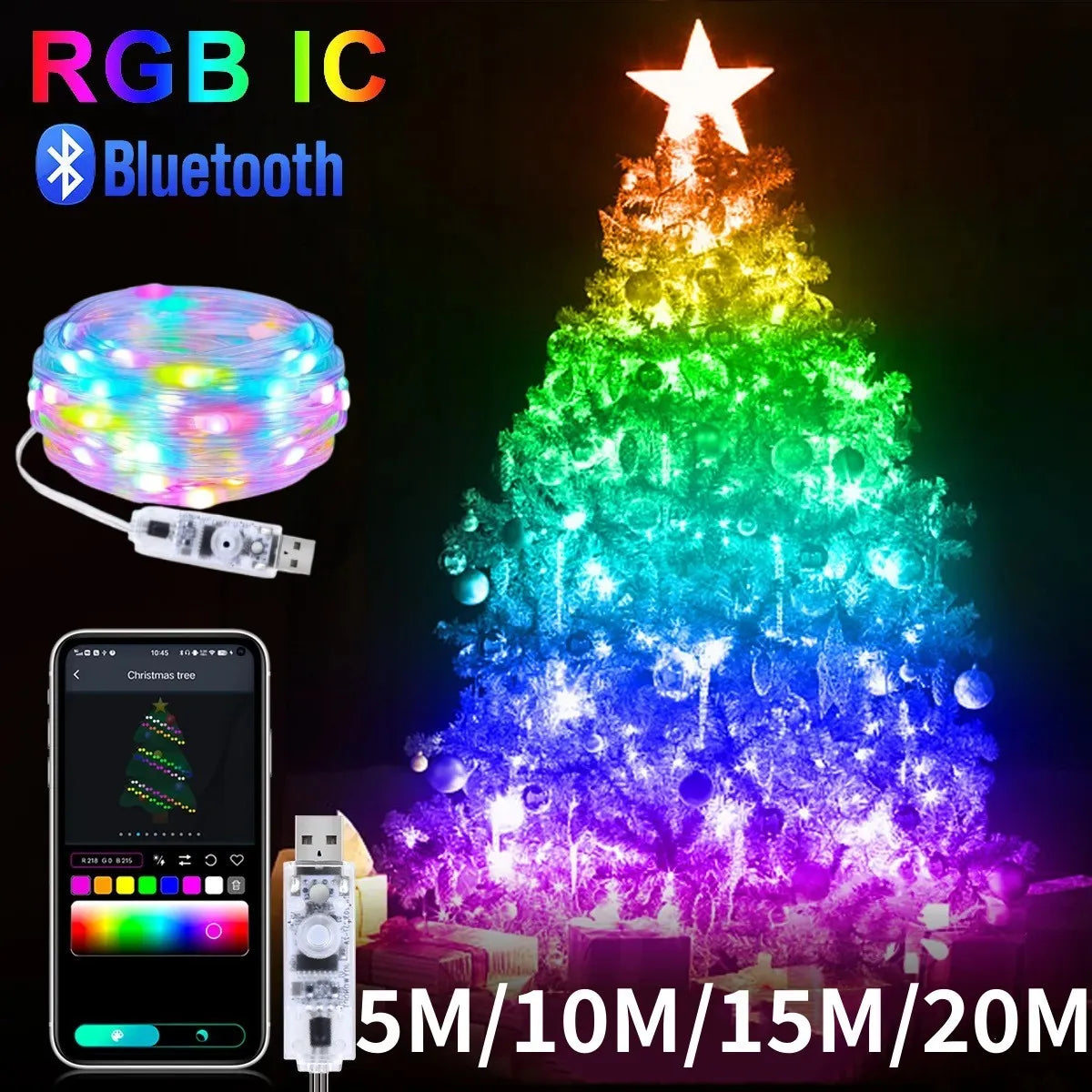 RGBIC Bluetooth LED Fairy String Lights USB – App & Remote, 5m–20m