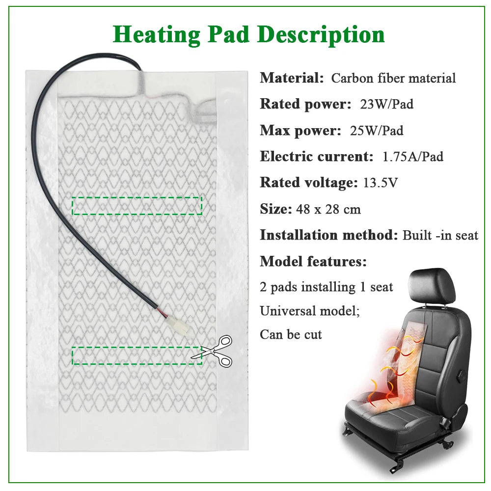 Car Seat Heater Kit Universal 12V 100W Carbon Fiber Pads for 2 Seats