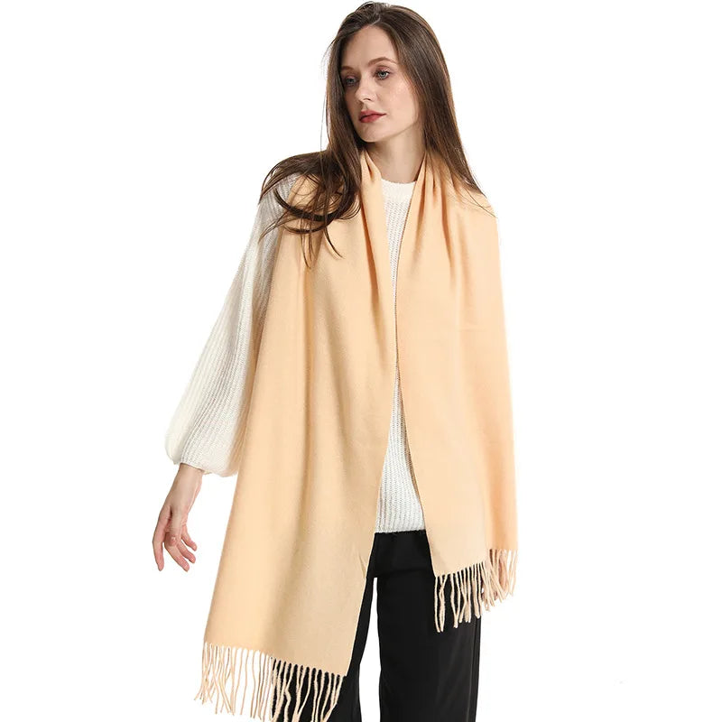 Women's Solid Cashmere Winter Scarf with Tassels – Warm Shawl Pashmina