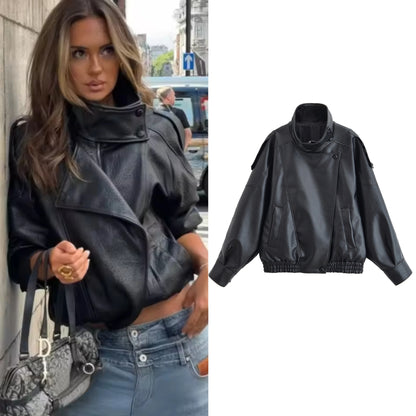 Women's Faux Leather Moto Jacket – Pebble Texture Autumn Coat