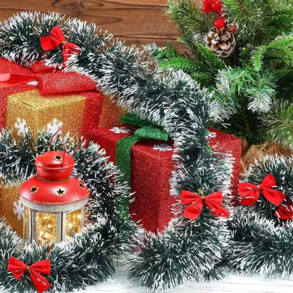 Christmas Tinsel Garland with Bows – Snow-Tipped Xmas Tree Ribbon Decoration