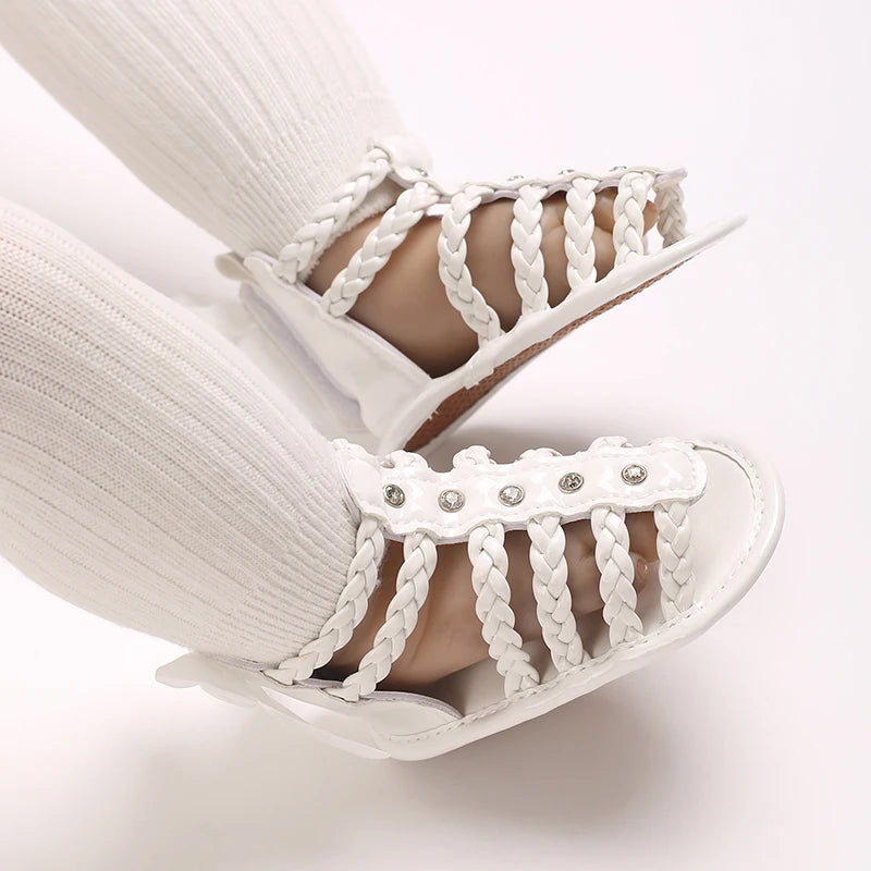 Baby Girl Roman Woven Sandals – Rivet Bow Open Toe 0–18 Months