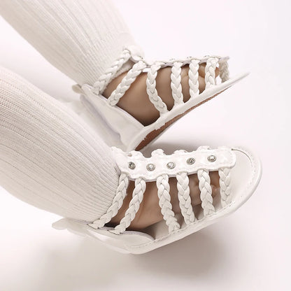 Baby Girl Roman Woven Sandals – Rivet Bow Open Toe 0–18 Months