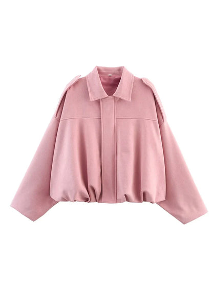 Women's Oversized Suede Bomber Jacket – Long Sleeve Zip-Up Streetwear Coat