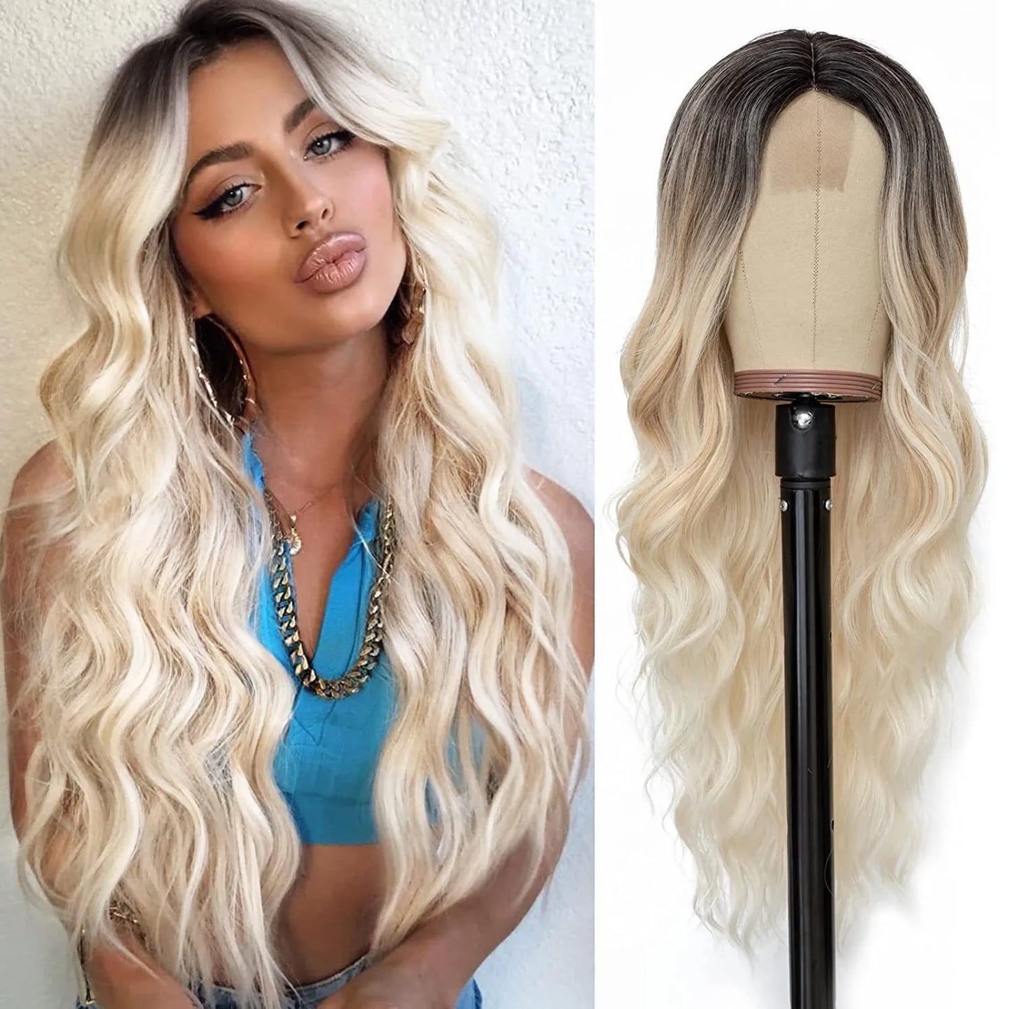 Synthetic Lace Wig 26 Inch – Long Wavy Curly Middle Part Heat Resistant