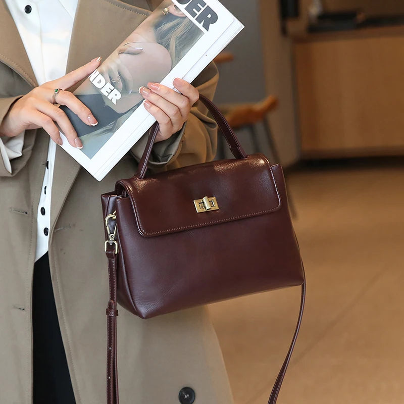 Genuine Leather Crossbody Bag – Women's Vintage Top Handle Purse