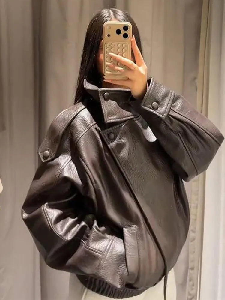 Women's Faux Leather Jacket – Oversized Stand Collar Coat