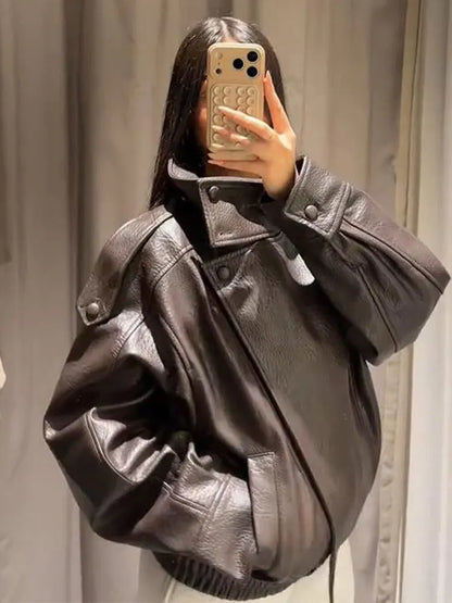 Women's Faux Leather Jacket – Oversized Stand Collar Coat