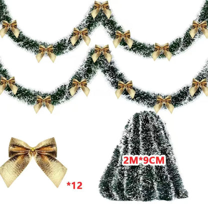 Christmas Tinsel Garland with Bows – Snow-Tipped Xmas Tree Ribbon Decoration
