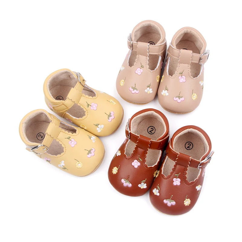 Baby Girl Embroidered Flower T-Strap Mary Jane Shoes
