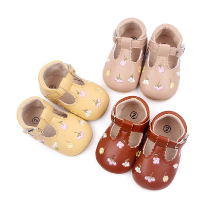 Baby Girl Embroidered Flower T-Strap Mary Jane Shoes