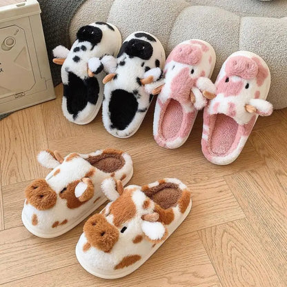 Cute Cow Fluffy Slippers for Women – Cozy Plush House Shoes