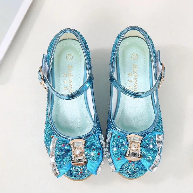 Girls Glitter Dress Shoes with Bow – Kids Low Heel Party Sandals