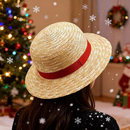 Straw Sun Hat with Red Band & Chin Strap – Unisex Costume Hat