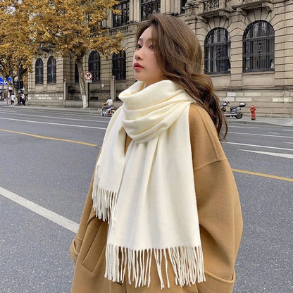 Cashmere-Feel Solid Scarf – Women's Warm Winter Wrap with Fringe