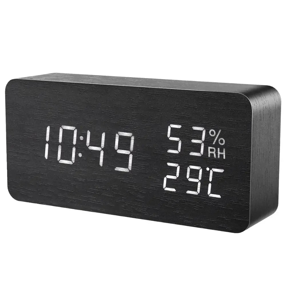 Wooden LED Digital Alarm Clock – Voice Control, Temperature & Humidity Display