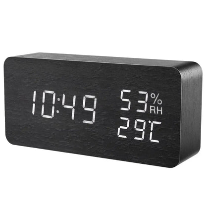 Wooden LED Digital Alarm Clock – Voice Control, Temperature & Humidity Display