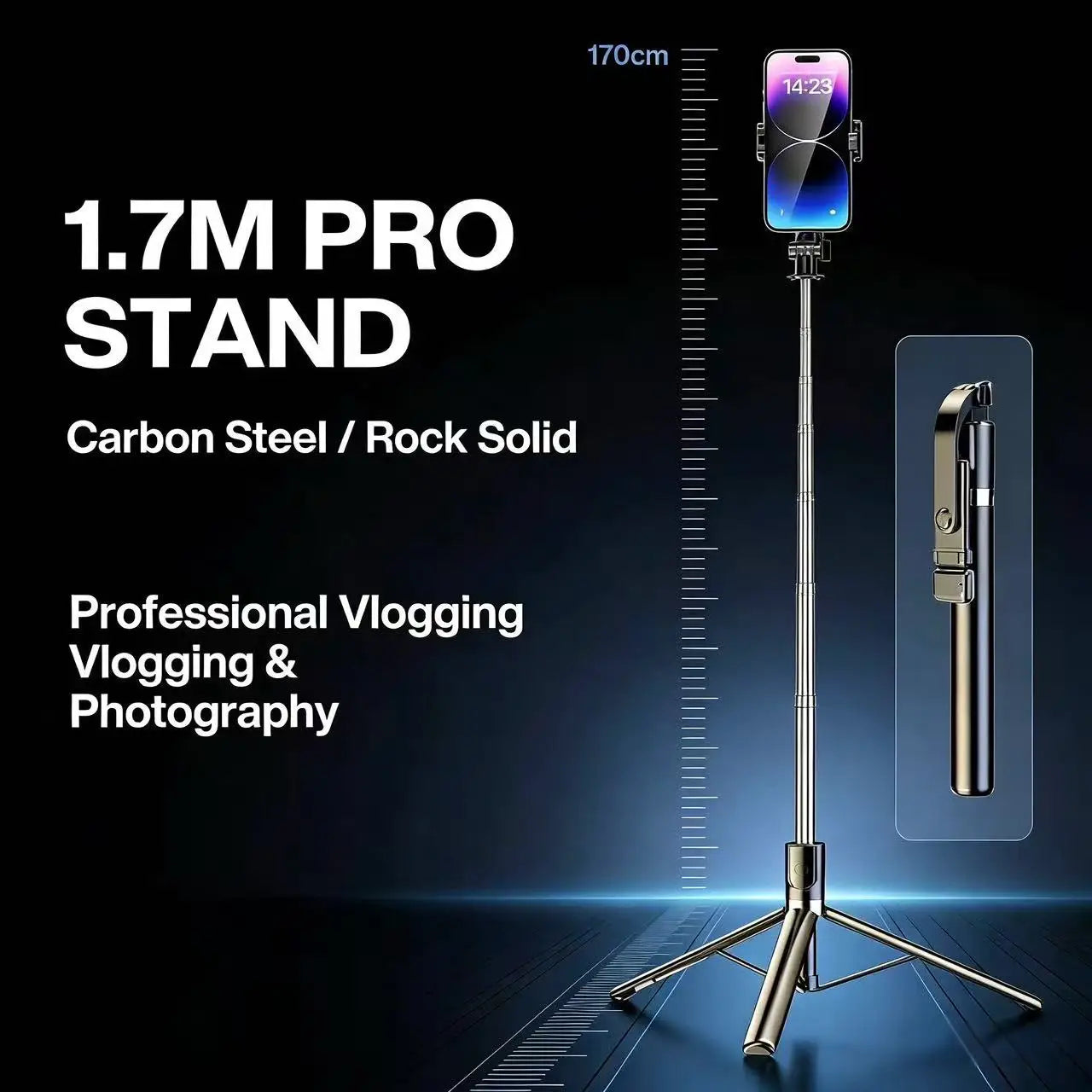 Selfie Stick Tripod 170cm Aluminum with 360° Rotation & LED Light