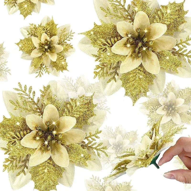 Glitter Artificial Christmas Poinsettia Flowers – Set of 5