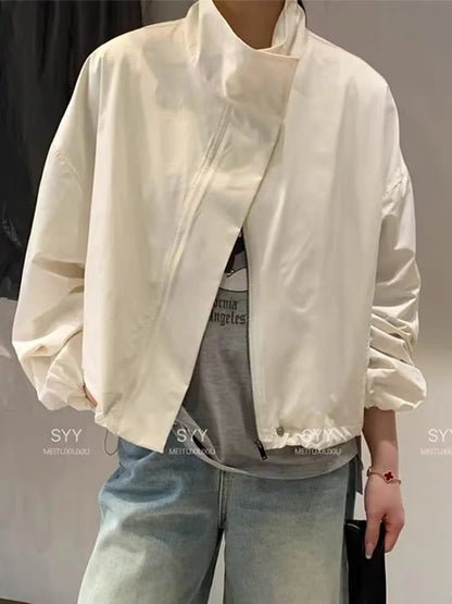Women's Loose Windbreaker Jacket – Stand Collar Drawstring Short Coat