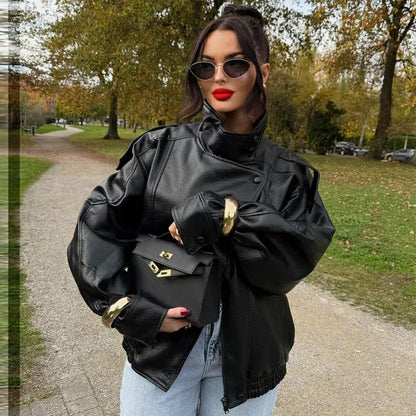 Women's Oversized Faux Leather Bomber Jacket – Zip-Up Cropped Coat