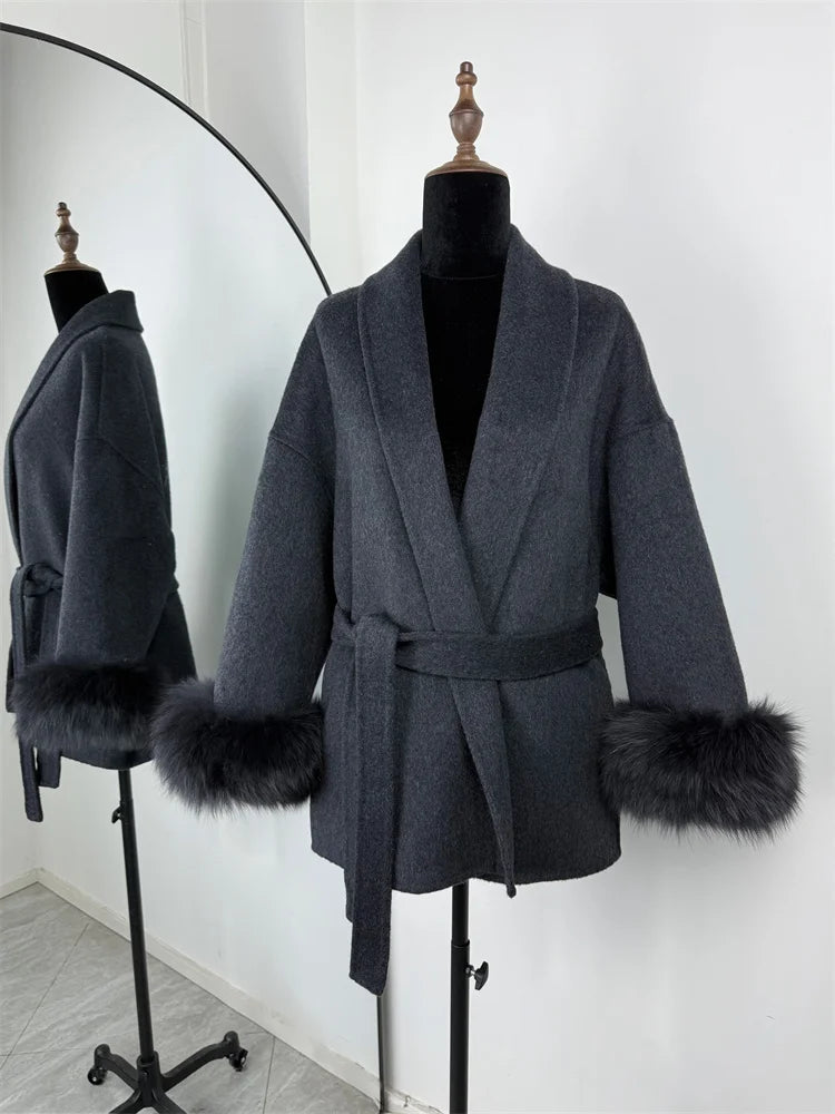 Women's Wool Coat with Fox Fur Cuffs & Belt – Elegant Short Overcoat