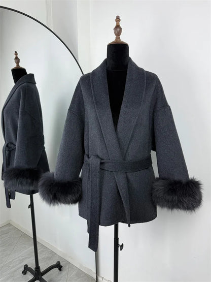 Women's Wool Coat with Fox Fur Cuffs & Belt – Elegant Short Overcoat