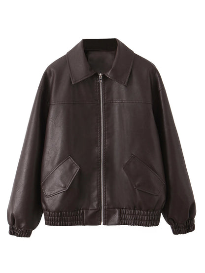 Faux Leather Jacket Women Loose Retro Zip Streetwear Coat