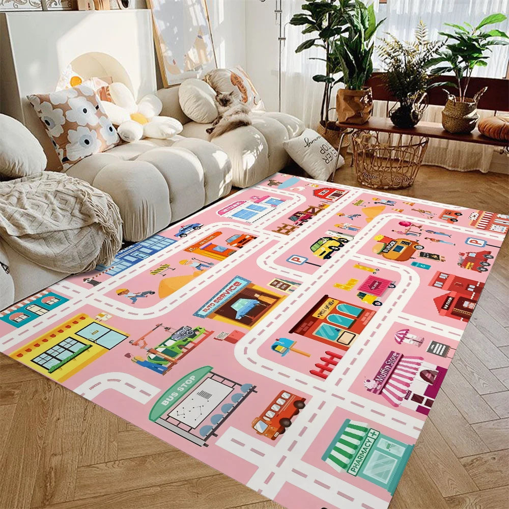 Kids Car Play Mat Rug – City Road Map Non-Slip Playroom Rug