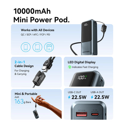 Vention Mini Power Bank 10000mAh 22.5W PD Fast Charging with Built-In USB-C Cable